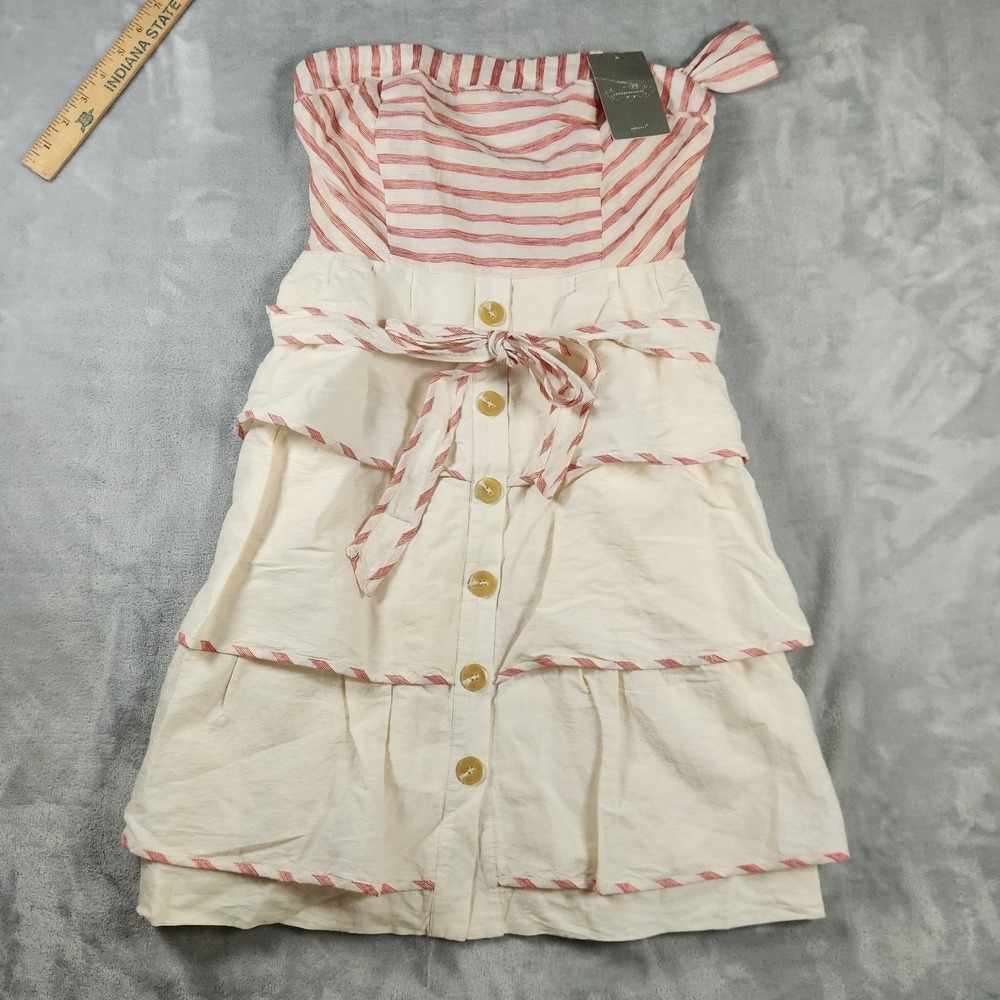 Anthropologie Maeve Sweet Shoppe Linen Red Stripe Tiered Strapless Dress 4